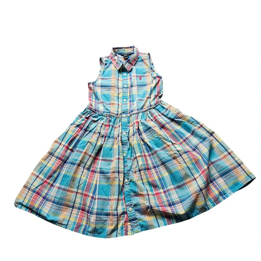 Polo Ralph Lauren Plaid Dress Girls 6X Blue Pink Madras Sleeveless Fit Flare